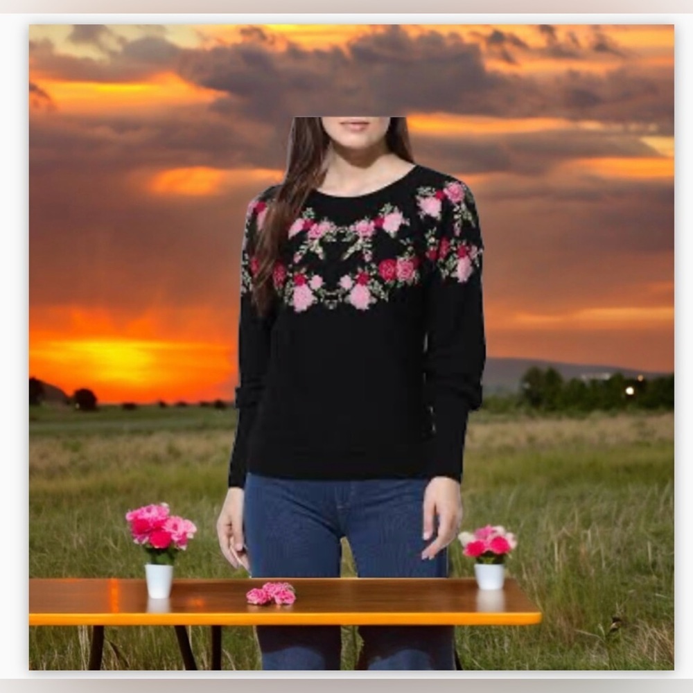 VTG WoolBlend Black Long Sleeve Knit Sweater W/Multi-Floral Embroidery-EUC Sz S - Picture 4 of 16